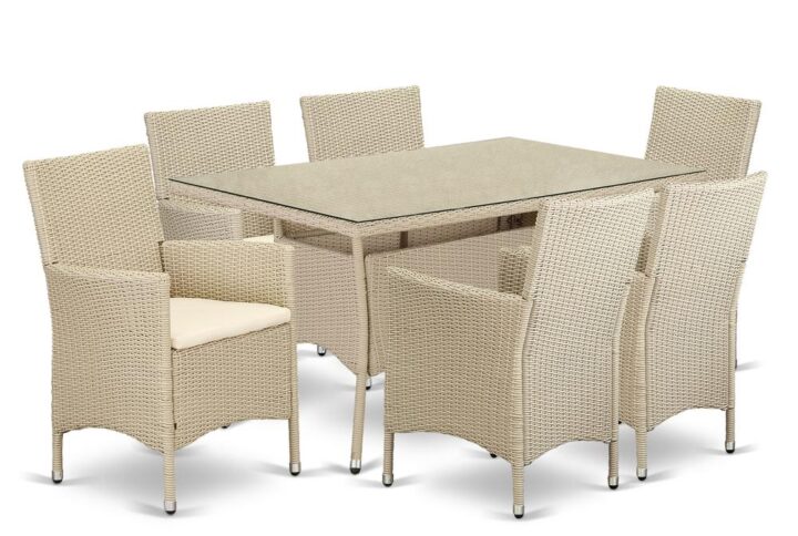 Give your patio dining area a modern and sophisticated look with this budget-friendly wicker patio set with a cream finish. This 7 pc VLVL7-53V set includes a glass top Outdoor-Furniture table and 6 single armchairs. Crafted from a lightweight steel frame and wrapped with woven Wicker fiber