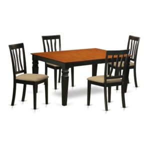 Matching Black And Cherry Color Solid Wood Dining Room Set With Basic Beveled Table Edge On Trim. Vintage Rectangle-Shaped Dining Tables Having Four Legs. Recessed Details On Small Kitchen Table And Dinette Chair Legs For Additional Support And Beauty. Beveled Chiseling On Legs Of Matching Table And Chairs. Table Having 18 In Self Storage Extension Leaf In Dining-Room Center Made For Casual Or Formal Atmosphere. 5 Piece Kitchen Set With 1 Weston Dining Room Table And Four Linen Upholstery Seat Kitchen Chairs Finished In A Luxurious  Black and Cherry Color.