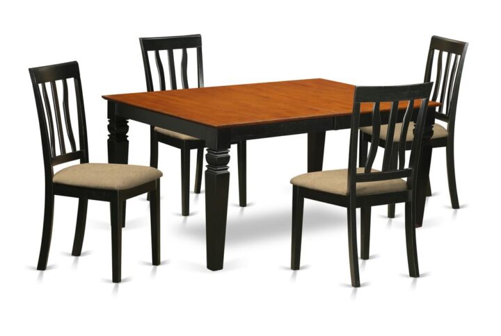 Matching Black And Cherry Color Solid Wood Dining Room Set With Basic Beveled Table Edge On Trim. Vintage Rectangle-Shaped Dining Tables Having Four Legs. Recessed Details On Small Kitchen Table And Dinette Chair Legs For Additional Support And Beauty. Beveled Chiseling On Legs Of Matching Table And Chairs. Table Having 18 In Self Storage Extension Leaf In Dining-Room Center Made For Casual Or Formal Atmosphere. 5 Piece Kitchen Set With 1 Weston Dining Room Table And Four Linen Upholstery Seat Kitchen Chairs Finished In A Luxurious  Black and Cherry Color.
