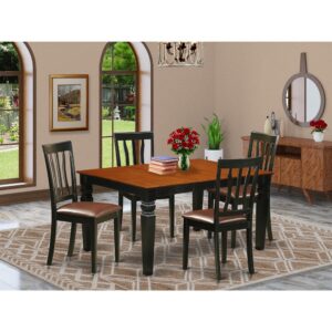 Matching Black And Cherry Finish Wood Kitchen Table Set With Simple Beveled Table Edge On Trim. Classic Rectangle Dining Room Table Having 4 Legs. Recessed Details On Dining Room Tables And Dining Chair Legs For Added Support And Attraction. Beveled Carving On Legs Of Matching Table And Chairs.  Dining Table With 18 In Self Storage Expansion Leaf In Dining Area Center Suited To Casual Or Formal Atmosphere.  5 Piece Dinette Set With One Weston Dinning Table And 4 Faux Leather Upholstery Seat Dining Area Chairs Finished In An Elegant  Black and Cherry Color.