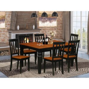 Matching Black And Cherry Finish Wood Small Dining Table Set With Simple Beveled Edge On Trim. Classic Rectangle Dining Tables Having 4 Legs. Recessed Details On Dining Table And Dining Room Chair Legs For Additional Support And Attractiveness. Beveled Carving On Legs Of Coordinating Table And Chairs. Small Kitchen Table That Includes 18 In Self Storage Extendable Leaf In Dining-Room Center Suited To Casual Or Formal Atmosphere.  7 Pc Kitchen Set With One Weston Kitchen Table And Six Solid Wood Kitchen Chairs Finished In An Elegant  Black and Cherry Color.