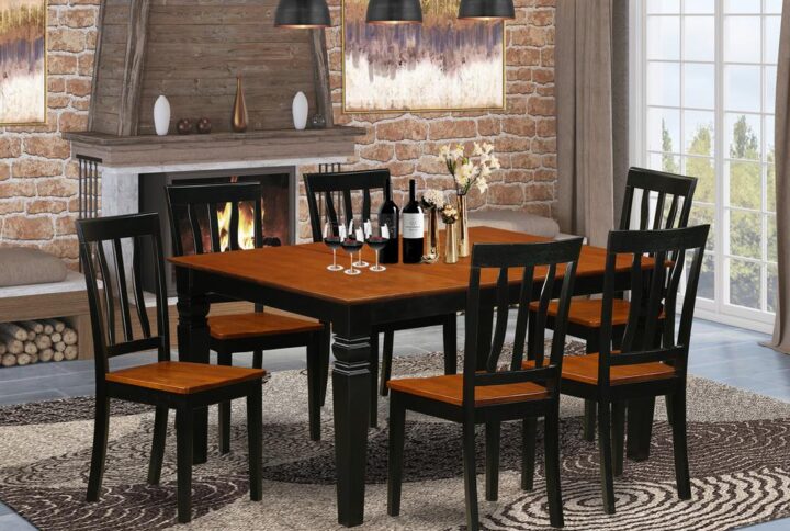 Matching Black And Cherry Finish Wood Small Dining Table Set With Simple Beveled Edge On Trim. Classic Rectangle Dining Tables Having 4 Legs. Recessed Details On Dining Table And Dining Room Chair Legs For Additional Support And Attractiveness. Beveled Carving On Legs Of Coordinating Table And Chairs. Small Kitchen Table That Includes 18 In Self Storage Extendable Leaf In Dining-Room Center Suited To Casual Or Formal Atmosphere.  7 Pc Kitchen Set With One Weston Kitchen Table And Six Solid Wood Kitchen Chairs Finished In An Elegant  Black and Cherry Color.