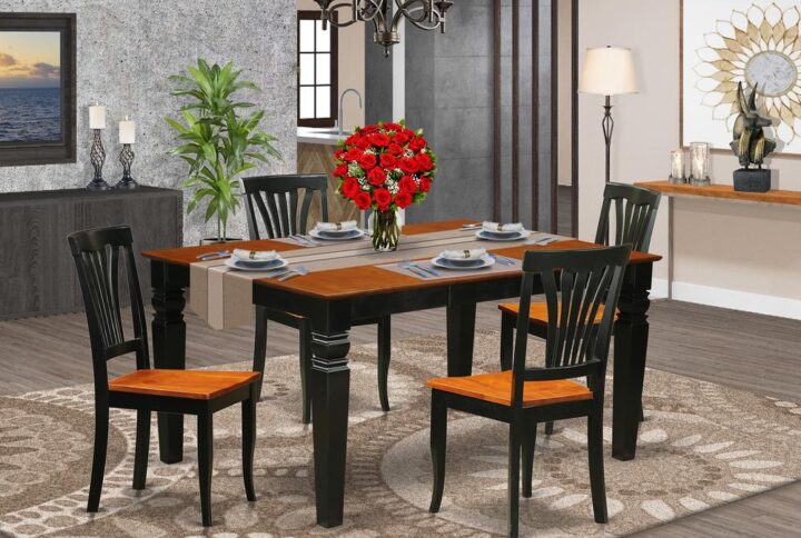 Matching Black And Cherry Finish Hardwood Small Dining Table Set With Nice Beveled Edge On Trim. Classic Rectangular Dining Room Tables With Four Legs. Recessed Details On Dining Room Table And Kitchen Dining Chair Legs For Extra Support And Attractiveness. Beveled Chiseling On Legs Of Matching Table And Chairs. Small Kitchen Table Which Has 18 In Self Storage Extension Leaf In Kitchen Centre Fitted To Casual Or Formal Atmosphere. 5 Pc Dinette Set With One Weston Dinning Table And 4 Wood Dining Room Chairs Finished In A Rich Black and Cherry Color.