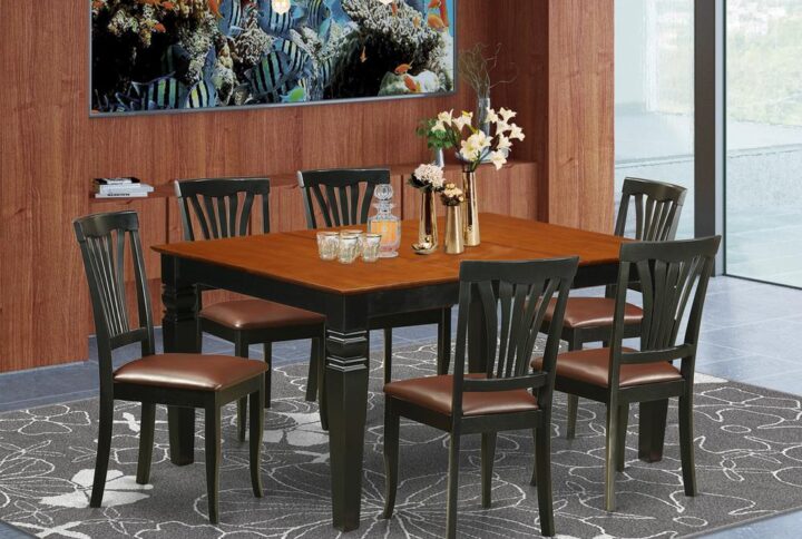 Coordinating Black And Cherry Color Solid Wood Dinette Set Having Basic Beveled Edge On Trim. Classic Rectangle Kitchen Dinette Table With 4 Legs. Recessed Details On Dining Room Table And Dining Chair Legs For Added Support And Beauty. Beveled Carving On Legs Of Harmonizing Table And Chairs. Dining Room Table That Includes 18 In Self Storage Extendable Leaf In Dining Room Centre Suited To Casual Or Formal Atmosphere. 7 Pc Dining Set With 1 Weston Kitchen Table And Six Faux Leather Upholstery Dining Room Chairs Finished In An Elegant  Black and Cherry Color.