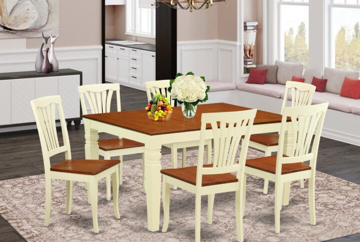 Matching Buttermilk And Cherry Finish Hardwood Kitchen Table Set With Nice Beveled Edge On Trim. Vintage Rectangle-Shaped Dinette Table With Four Legs. Recessed Details On Kitchen Dinette Table And Kitchen Dining Chair Legs For Added Support And Stylishness. Beveled Chiseling On Legs Of Matching Table And Chairs. Dining Room Table Which Has 18 In Self Storage Expansion Leaf In Dining Area Center Suited To Casual Or Formal Atmosphere. 7 Piece Kitchen Set With One Weston Dinning Table And Six Solid Wood Seat Dining Area Chairs Finished In A Distinctive Two Tone Buttermilk And Cherry Color.