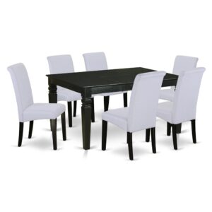 This particular dining set facilitates an affectionate family feeling. The WEBA7-BLK-05 seven pieces dining room set includes a well-designed and comfortable small kitchen dinette table & six barry upholstered dining chairs. With a soft rounded bevel at the edge of the table top
