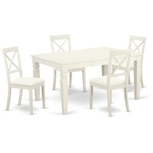 Treat your room's decor with a new and polished look with this modern Five Piece Dining Set. Bring out the true beauty of your dining space when you incorporate this magnificent set into your home. This set features a sturdy square-rectangular hybrid table that stands on 4 straight solid wooden legs. Pair the table up with matching solid wood side chairs and you've got yourself a complete set