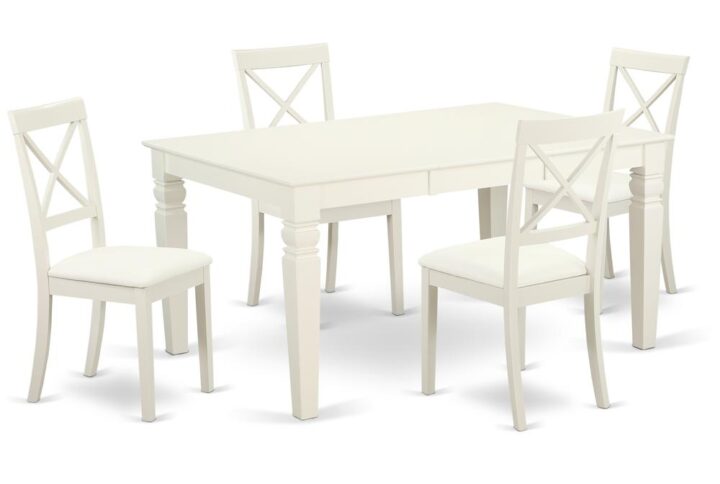 Treat your room's decor with a new and polished look with this modern Five Piece Dining Set. Bring out the true beauty of your dining space when you incorporate this magnificent set into your home. This set features a sturdy square-rectangular hybrid table that stands on 4 straight solid wooden legs. Pair the table up with matching solid wood side chairs and you've got yourself a complete set