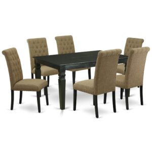 Outfit your dining room in effortless style with this essential seven piece WEBR7-BLK-17 dinette set includes a dining table and six parson chairs; perfect for weekday meals and family gatherings alike. A comfortable and elegant black color offers any dining-room a relaxing and friendly feel with this medium kitchen table. The sturdy square-rectangular hybrid table stands on 4 straight solid wooden legs has plenty of space for 4-8 people to sit and enjoy their meal comfortably. The extendable leaf can be easily expanded making dining space for personal occasions or great parties. Made up of rubber wood