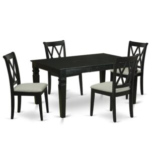 Outfit your dining room in effortless style with this essential four piece WECL5-BLK-C dinette set includes a dining table and four kitchen chairs; perfect for weekday meals and family gatherings alike. A comfortable and elegant black color offers any dining-room a relaxing and friendly feel with this medium kitchen table. The sturdy square-rectangular hybrid table stands on 4 straight solid wooden legs has plenty of space for 4-8 people to sit and enjoy their meal comfortably. The extendable leaf can be easily expanded making dining space for personal occasions or great parties. Made up of rubber wood