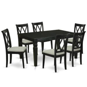 Outfit your dining room in effortless style with this essential seven piece WECL7-BLK-C dinette set includes a dining table and six kitchen chairs; perfect for weekday meals and family gatherings alike. A comfortable and elegant black color offers any dining-room a relaxing and friendly feel with this medium kitchen table. The sturdy square-rectangular hybrid table stands on 4 straight solid wooden legs has plenty of space for 4-8 people to sit and enjoy their meal comfortably. The extendable leaf can be easily expanded making dining space for personal occasions or great parties. Made up of rubber wood