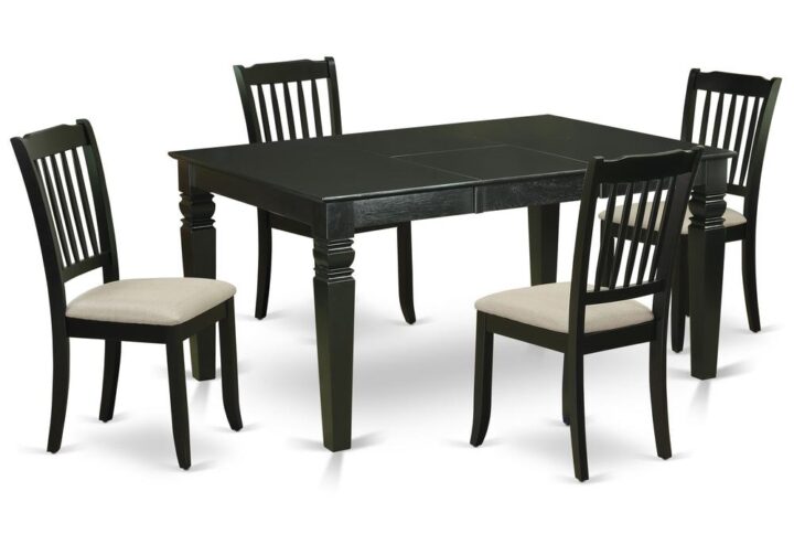 Outfit your dining room in effortless style with this essential five piece WEDA5-BLK-C dinette set includes a dining table and four kitchen chairs; perfect for weekday meals and family gatherings alike. A comfortable and elegant black color offers any dining-room a relaxing and friendly feel with this medium kitchen table. The sturdy square-rectangular hybrid table stands on 4 straight solid wooden legs has plenty of space for 4-8 people to sit and enjoy their meal comfortably. The extendable leaf can be easily expanded making dining space for personal occasions or great parties. Made up of rubber wood