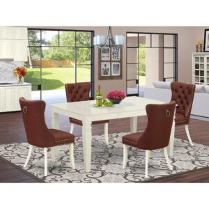 Presenting a versatile and elegant 5-piece dining room set crafted from durable rubberwood and beautifully finished in a classic linen white. This ensemble Includes a spacious Rectangle kitchen table and four parson chairs