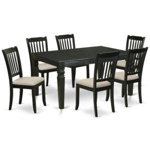 Outfit your dining room in effortless style with this essential seven piece WEDA7-BLK-C dinette set includes a dining table and six kitchen chairs; perfect for weekday meals and family gatherings alike. A comfortable and elegant black color offers any dining-room a relaxing and friendly feel with this medium kitchen table. The sturdy square-rectangular hybrid table stands on 4 straight solid wooden legs has plenty of space for 4-8 people to sit and enjoy their meal comfortably. The extendable leaf can be easily expanded making dining space for personal occasions or great parties. Made up of rubber wood