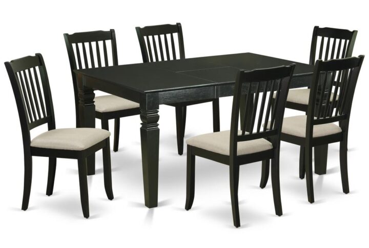 Outfit your dining room in effortless style with this essential seven piece WEDA7-BLK-C dinette set includes a dining table and six kitchen chairs; perfect for weekday meals and family gatherings alike. A comfortable and elegant black color offers any dining-room a relaxing and friendly feel with this medium kitchen table. The sturdy square-rectangular hybrid table stands on 4 straight solid wooden legs has plenty of space for 4-8 people to sit and enjoy their meal comfortably. The extendable leaf can be easily expanded making dining space for personal occasions or great parties. Made up of rubber wood