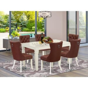 Presenting a versatile and elegant 7-piece dining table set crafted from durable rubberwood and beautifully finished in a classic linen white. This ensemble Includes a spacious Rectangle dining room table and six parsons dining chairs