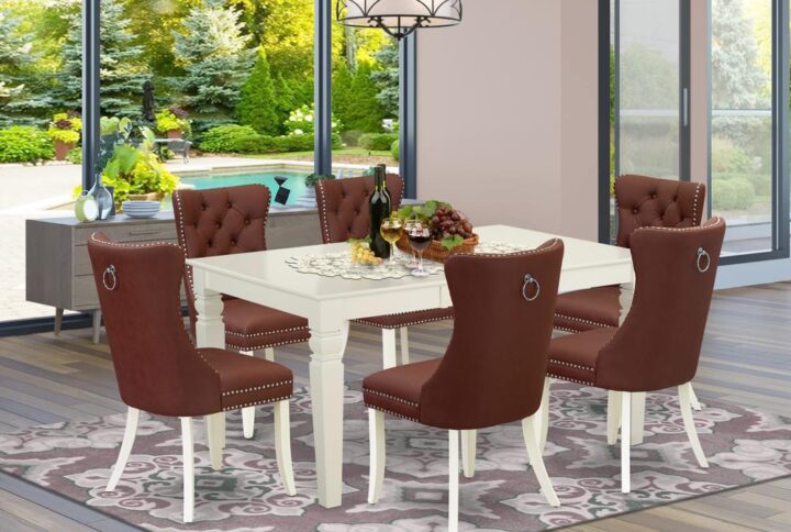 Presenting a versatile and elegant 7-piece dining table set crafted from durable rubberwood and beautifully finished in a classic linen white. This ensemble Includes a spacious Rectangle dining room table and six parsons dining chairs