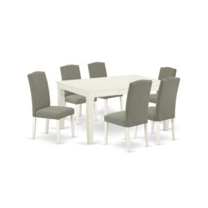 This amazing WEEN7-LWH-06 dining set facilitates an affectionate family feeling. A comfortable and luxurious Linen White color offers any dining-room a relaxing and friendly feel with this medium dining table. This well-designed and comfortable kitchen table may be used for hours at a time. No heat treated pressured wood like MDF
