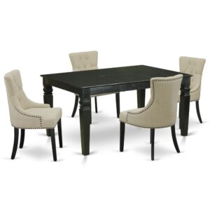 Outfit your dining room in effortless style with this essential five piece WEFR5-BLK-02 dinette set includes a dining table and four parson chairs; perfect for weekday meals and family gatherings alike. A comfortable and elegant black color offers any dining-room a relaxing and friendly feel with this medium kitchen table. The sturdy square-rectangular hybrid table stands on 4 straight solid wooden legs has plenty of space for 4-8 people to sit and enjoy their meal comfortably. The extendable leaf can be easily expanded making dining space for personal occasions or great parties. Made up of rubber wood