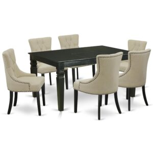 Outfit your dining room in effortless style with this essential seven piece WEFR7-BLK-02 dinette set includes a dining table and six parson chairs; perfect for weekday meals and family gatherings alike. A comfortable and elegant black color offers any dining-room a relaxing and friendly feel with this medium kitchen table. The sturdy square-rectangular hybrid table stands on 4 straight solid wooden legs has plenty of space for 4-8 people to sit and enjoy their meal comfortably. The extendable leaf can be easily expanded making dining space for personal occasions or great parties. Made up of rubber wood