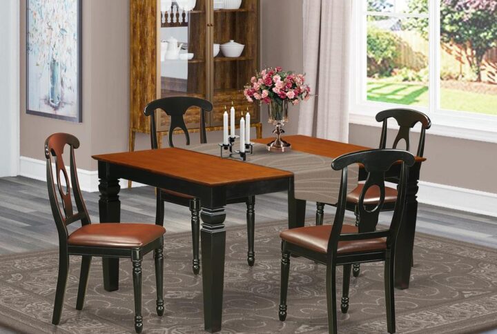 Matching Black And Cherry Finish Hardwood Table And Chairs Set Having Basic Beveled Table Edge On Trim. Traditional Rectangle Table Having Four Legs. Recessed Details On Small Kitchen Table And Kitchen Dining Chair Legs For Additional Support And Attraction. Beveled Carving On Legs Of Coordinating Table And Chairs.  Table Which Has 18 In Self Storage Extension Leaf In Dining Room Centre Well Suited For Casual Or Formal Atmosphere. 5 Piece Dinette Set With One Weston Dinning Table And Four Faux Leather Upholstery Seat Kitchen Chairs Finished In A Rich Black and Cherry Color.