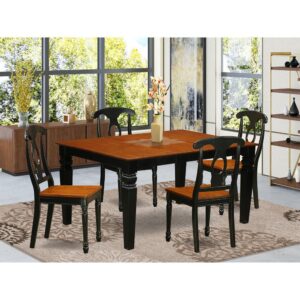 Harmonizing Black And Cherry Color Hardwood Table Set Having Simple Beveled Table Edge On Trim. Standard Rectangular Dining Tables With 4 Legs. Recessed Details On Kitchen Dinette Table And Dining Room Chair Legs For Additional Support And Sophistication. Beveled Carving On Legs Of Harmonizing Table And Chairs. Small Kitchen Table With 18 In Self Storage Expansion Leaf In Kitchen Space Centre Suitable For Casual Or Formal Atmosphere. 5 Piece Kitchen Set With A Single Weston Kitchen Table And 4 Wood Seat Dining Room Chairs Finished In An Elegant  Black and Cherry Color.