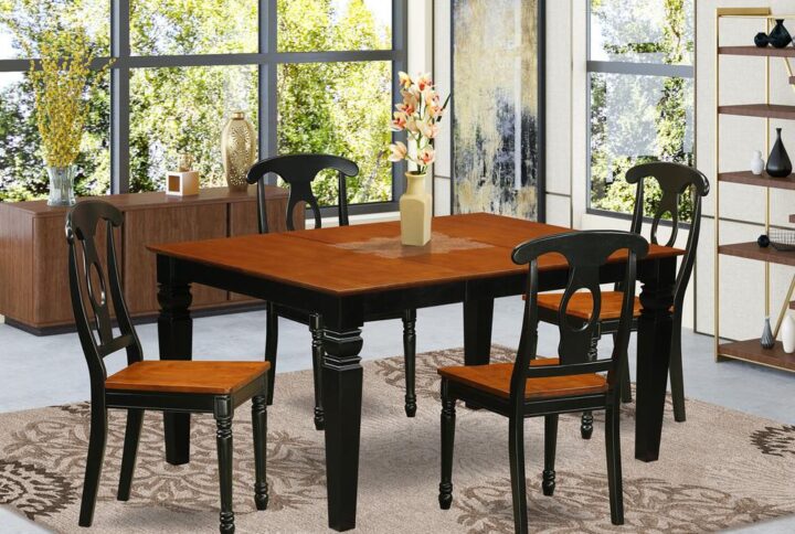 Harmonizing Black And Cherry Color Hardwood Table Set Having Simple Beveled Table Edge On Trim. Standard Rectangular Dining Tables With 4 Legs. Recessed Details On Kitchen Dinette Table And Dining Room Chair Legs For Additional Support And Sophistication. Beveled Carving On Legs Of Harmonizing Table And Chairs. Small Kitchen Table With 18 In Self Storage Expansion Leaf In Kitchen Space Centre Suitable For Casual Or Formal Atmosphere. 5 Piece Kitchen Set With A Single Weston Kitchen Table And 4 Wood Seat Dining Room Chairs Finished In An Elegant  Black and Cherry Color.