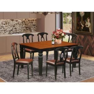 Harmonizing Black And Cherry Color Hardwood Dining Table Set Having Basic Beveled Edge On Trim. Traditional Rectangular Dining Table Having Four Legs. Recessed Details On Kitchen Table And Dining Room Chair Legs For Added Support And Attractiveness. Beveled Carving On Legs Of Harmonizing Table And Chairs. Small Dining Table Containing 18 In Self Storage Foldable Leaf In Dining Room Centre Best For Casual Or Formal Atmosphere. 7 Pc Kitchen Set With A Single Weston Dining Room Table And Six Faux Leather Upholstery Kitchen Area Chairs Finished In A Distinctive Black and Cherry Color.