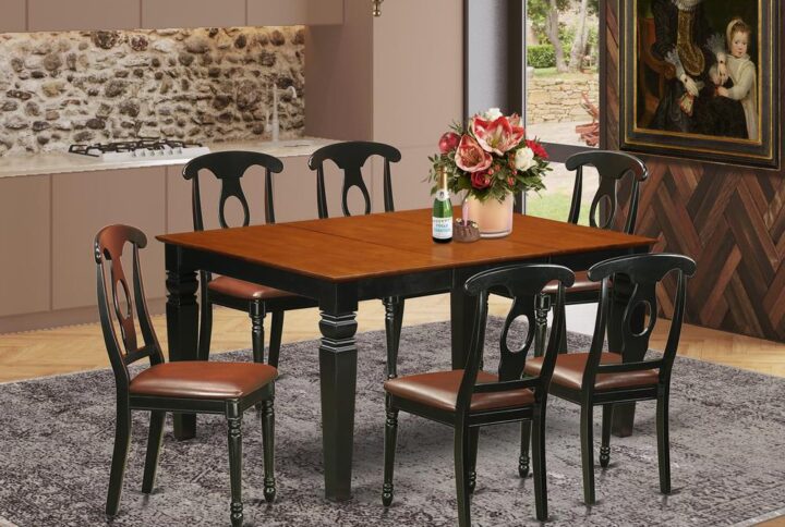 Harmonizing Black And Cherry Color Hardwood Dining Table Set Having Basic Beveled Edge On Trim. Traditional Rectangular Dining Table Having Four Legs. Recessed Details On Kitchen Table And Dining Room Chair Legs For Added Support And Attractiveness. Beveled Carving On Legs Of Harmonizing Table And Chairs. Small Dining Table Containing 18 In Self Storage Foldable Leaf In Dining Room Centre Best For Casual Or Formal Atmosphere. 7 Pc Kitchen Set With A Single Weston Dining Room Table And Six Faux Leather Upholstery Kitchen Area Chairs Finished In A Distinctive Black and Cherry Color.