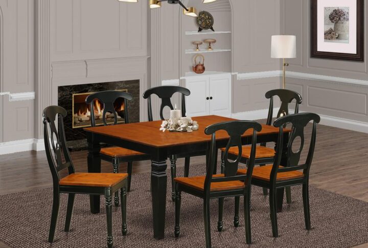 Matching Black And Cherry Finish Solid Wood Dining Room Set Having Basic Beveled Table Edge On Trim. Regular Rectangle Dinette Table Having 4 Legs. Recessed Details On Table And Dining Chair Legs For Added Support And Sophistication. Beveled Carving On Legs Of Matching Table And Chairs.  Kitchen Table That Includes 18 In Self Storage Expansion Leaf In Kitchen Centre Fitted To Casual Or Formal Atmosphere. 7 Pc Dining Set With One Weston Kitchen Table And 6 Wood Dining Room Chairs Finished In A Luxurious Black and Cherry Color.