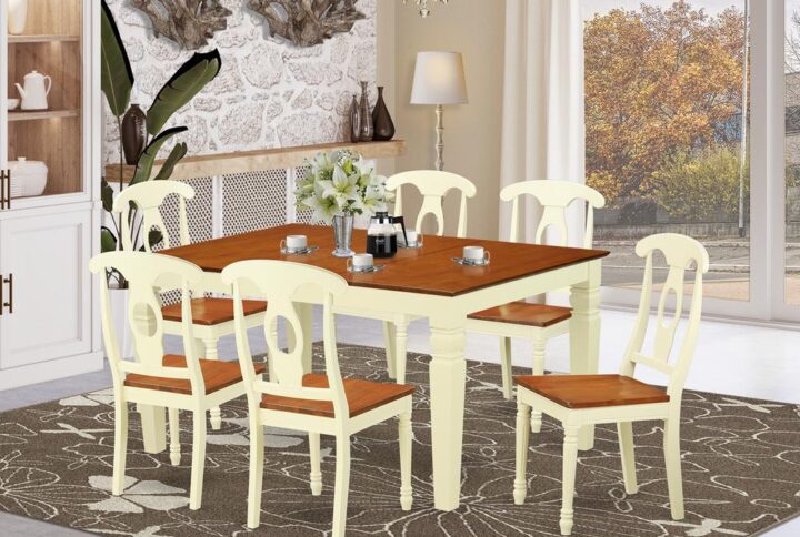 Coordinating Buttermilk And Cherry Color Wood Dinette Table Set Having Basic Beveled Table Edge On Trim. Regular Rectangular Dining Room Table With Four Legs. Recessed Details On Kitchen Dinette Table And Kitchen Chair Legs For Additional Support And Elegance. Beveled Chiseling On Legs Of Harmonizing Table And Chairs. Small Kitchen Table With 18 In Self Storage Extension Leaf In Dining Area Centre Well Suited For Casual Or Formal Atmosphere. 7 Piece Kitchen Set With One Weston Dinning Table And Six Solid Wood Seat Dining Area Chairs Finished In A Distinctive Two Tone Buttermilk And Cherry Color.