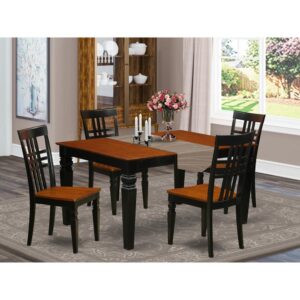 Coordinating Black And Cherry Color Wood Table Set Having Simple Beveled Edge On Trim. Classic Rectangular Table With Four Legs. Recessed Details On Small Kitchen Table And Kitchen Dining Chair Legs For Additional Support And Stylishness. Beveled Chiseling On Legs Of Matching Table And Chairs.  Small Dining Table Containing 18 In Self Storage Foldable Leaf In Dining Room Center Made For Casual Or Formal Atmosphere.  5 Piece Dining Set With A Single Weston Dinning Table And Four Wood Seat Dining Room Chairs Finished In An Elegant  Black and Cherry Color.