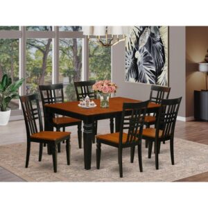 Matching Black And Cherry Finish Hardwood Small Table Set With Nice Beveled Table Edge On Trim. Classic Rectangle-Shaped Kitchen Dinette Table With 4 Legs. Recessed Details On Dining Room Table And Kitchen Dining Chair Legs For Extra Support And Beauty. Beveled Chiseling On Legs Of Harmonizing Table And Chairs. Small Table Featuring 18 In Self Storage Extendable Leaf In Dining Area Center Made For Casual Or Formal Atmosphere. 7 Pc Dining Set With One Weston Kitchen Table And 6 Wood Dining Room Chairs Finished In A Luxurious Black and Cherry Color.