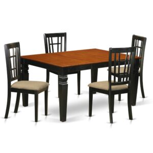 Coordinating Black And Cherry Color Hardwood Table And Chair Set Having Simple Beveled Edge On Trim. Traditional Rectangle-Shaped Dinette Table Having Four Legs. Recessed Details On Dining Room Table And Dining Room Chair Legs For Added Support And Attractiveness. Beveled Chiseling On Legs Of Harmonizing Table And Chairs.  Table That Includes 18 In Self Storage Extendable Leaf In Dining Area Centre Well Suited For Casual Or Formal Atmosphere. 5 Piece Dinette Set With A Single Weston Dinning Table And 4 Linen Upholstery Seat Kitchen Chairs Finished In A Rich Black and Cherry Color.