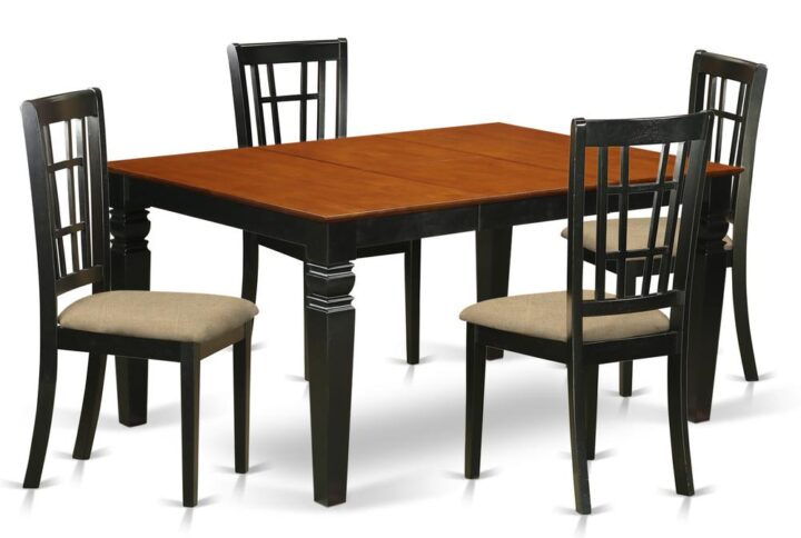 Coordinating Black And Cherry Color Hardwood Table And Chair Set Having Simple Beveled Edge On Trim. Traditional Rectangle-Shaped Dinette Table Having Four Legs. Recessed Details On Dining Room Table And Dining Room Chair Legs For Added Support And Attractiveness. Beveled Chiseling On Legs Of Harmonizing Table And Chairs.  Table That Includes 18 In Self Storage Extendable Leaf In Dining Area Centre Well Suited For Casual Or Formal Atmosphere. 5 Piece Dinette Set With A Single Weston Dinning Table And 4 Linen Upholstery Seat Kitchen Chairs Finished In A Rich Black and Cherry Color.