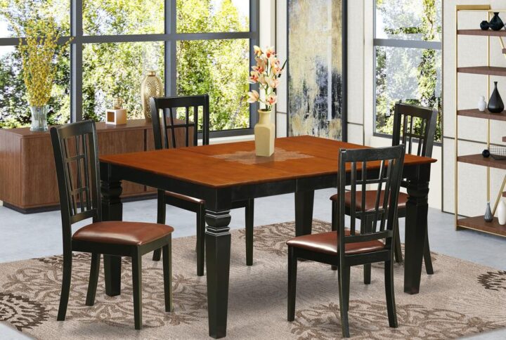 Matching Black And Cherry Finish Hardwood Table And Chairs Set Having Simple Beveled Table Edge On Trim. Regular Rectangle-Shaped Kitchen Dinette Table Having 4 Legs. Recessed Details On Dining Table And Dining Chair Legs For Extra Support And Beauty. Beveled Carving On Legs Of Harmonizing Table And Chairs.  Table Featuring 18 In Self Storage Expansion Leaf In Kitchen Space Center Fitted To Casual Or Formal Atmosphere. 5 Piece Kitchen Set With One Weston Dinning Table And Four Faux Leather Upholstery Seat Dining Room Chairs Finished In A Luxurious Black and Cherry Color.