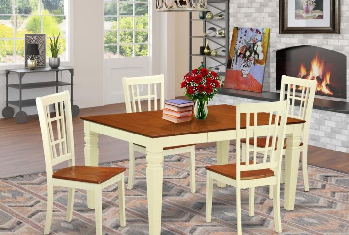 Harmonizing Buttermilk And Cherry Finish Solid Wood Dinette Set With Basic Beveled Edge On Trim. Regular Rectangle-Shaped Dinette Table With 4 Legs. Recessed Details On Dining Table And Dining Chair Legs For Added Support And Attraction. Beveled Chiseling On Legs Of Matching Table And Chairs. Small Kitchen Table Containing 18 In Self Storage Foldable Leaf In Dining-Room Center Well Suited For Casual Or Formal Atmosphere.  5 Piece Dinette Set With One Weston Dinning Table And Four Wood Seat Dining-Room Chairs Finished In A Luxurious Two Tone Buttermilk And Cherry Color.