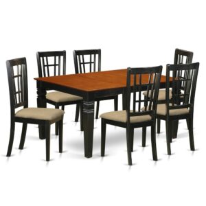 Matching Black And Cherry Finish Hardwood Small Table Set With Nice Beveled Table Edge On Trim. Classic Rectangle-Shaped Kitchen Dinette Table With 4 Legs. Recessed Details On Dining Room Table And Kitchen Dining Chair Legs For Extra Support And Beauty. Beveled Chiseling On Legs Of Harmonizing Table And Chairs. Small Table Featuring 18 In Self Storage Extendable Leaf In Dining Area Center Made For Casual Or Formal Atmosphere. 7 Pc Dining Set With One Weston Dinning Table And 6 Cushion Kitchen Area Chairs Finished In A Luxurious Black and Cherry Color.
