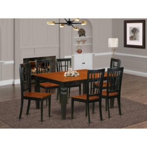 Matching Black And Cherry Finish Wood Dinette Set With Basic Beveled Table Edge On Trim. Traditional Rectangular Dinette Table Having 4 Legs. Recessed Details On Dining Table And Kitchen Dining Chair Legs For Added Support And Attractiveness. Beveled Carving On Legs Of Coordinating Table And Chairs.  Small Table That Includes 18 In Self Storage Extendable Leaf In Dining Room Centre Best For Casual Or Formal Atmosphere. 7 Pc Kitchen Set With One Weston Dining Room Table And 6 Wood Dining Room Chairs Finished In A Luxurious Black and Cherry Color.