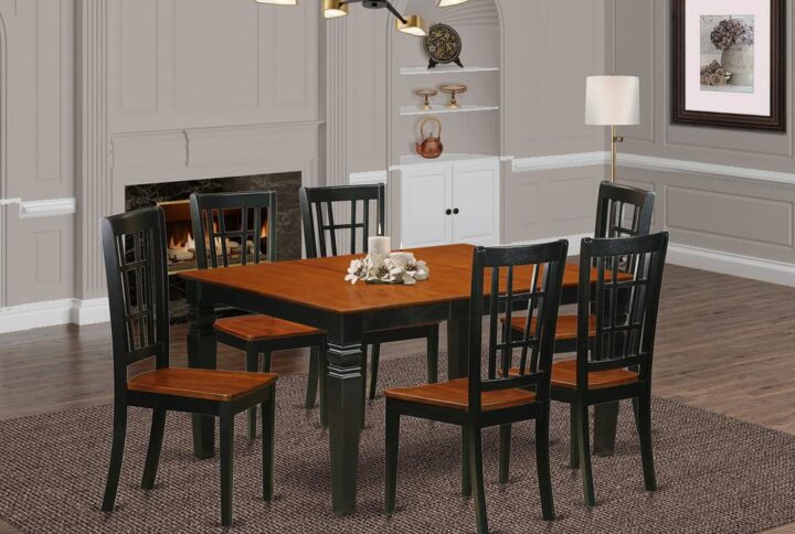 Matching Black And Cherry Finish Wood Dinette Set With Basic Beveled Table Edge On Trim. Traditional Rectangular Dinette Table Having 4 Legs. Recessed Details On Dining Table And Kitchen Dining Chair Legs For Added Support And Attractiveness. Beveled Carving On Legs Of Coordinating Table And Chairs.  Small Table That Includes 18 In Self Storage Extendable Leaf In Dining Room Centre Best For Casual Or Formal Atmosphere. 7 Pc Kitchen Set With One Weston Dining Room Table And 6 Wood Dining Room Chairs Finished In A Luxurious Black and Cherry Color.