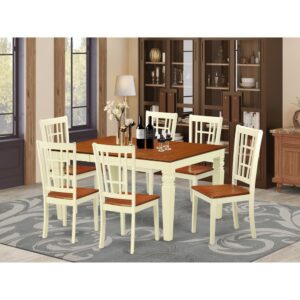 Harmonizing Buttermilk And Cherry Color Hardwood Small Dining Table Set Having Simple Beveled Table Edge On Trim. Standard Rectangular Dining Room Table With Four Legs. Recessed Details On Dining Table And Dining Room Chair Legs For Extra Support And Attraction. Beveled Carving On Legs Of Harmonizing Table And Chairs.  Small Table That Includes 18 In Self Storage Expansion Leaf In Dining-Room Center Made For Casual Or Formal Atmosphere.  7 Pc Kitchen Set With A Single Weston Dining Room Table And Six Wood Set Kitchen Area Chairs Finished In A Distinctive Two Tone Buttermilk And Cherry Color.