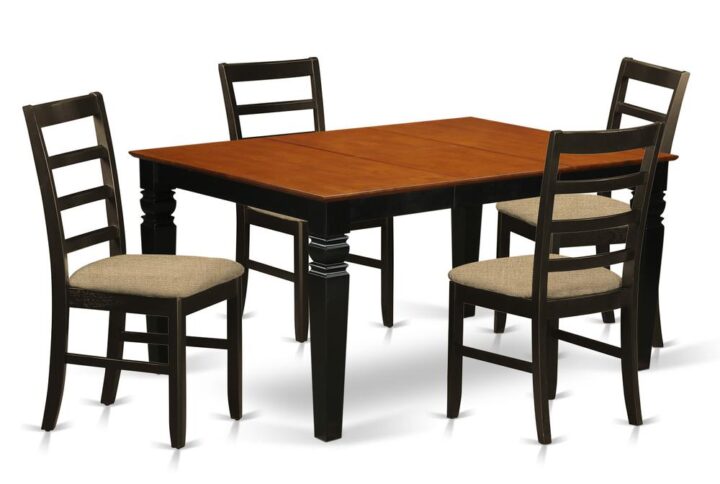 Coordinating Black And Cherry Color Hardwood Table And Chair Set Having Simple Beveled Edge On Trim. Regular Rectangular Table With 4 Legs. Recessed Details On Table And Dining Chair Legs For Added Support And Beauty. Beveled Chiseling On Legs Of Coordinating Table And Chairs.  Small Table Having 18 In Self Storage Extension Leaf In Dining-Room Center Suited To Casual Or Formal Atmosphere.  5 Piece Dinette Set With 1 Weston Dinning Table And 4 Cushion Seat Dining-Room Chairs Finished In A Luxurious  Black and Cherry Color.