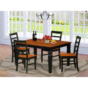 Coordinating Black And Cherry Color Wood Dinette Table Set With Basic Beveled Table Edge On Trim. Vintage Rectangle Dining Table With 4 Legs. Recessed Details On Small Kitchen Table And Kitchen Chair Legs For Extra Support And Beauty. Beveled Carving On Legs Of Matching Table And Chairs. Small Dining Table Which Has 18 In Self Storage Expansion Leaf In Dining-Room Center Well Suited For Casual Or Formal Atmosphere. 5 Piece Dinette Set With One Weston Dining Room Table And 4 Solid Wood Seat Dining Area Chairs Finished In A Distinctive Black and Cherry Color.