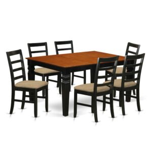 Harmonizing Black And Cherry Finish Solid Wood Dinette Set Having Nice Beveled Table Edge On Trim. Vintage Rectangular Dining Table Having 4 Legs. Recessed Details On Table And Kitchen Dining Chair Legs For Additional Support And Elegance. Beveled Chiseling On Legs Of Matching Table And Chairs.  Small Dining Table With 18 In Self Storage Extendable Leaf In Dining Room Centre Suited To Casual Or Formal Atmosphere. 7 Pc Dining Set With One Weston Dinning Table And 6 Cushion Kitchen Area Chairs Finished In A Luxurious Black and Cherry Color.