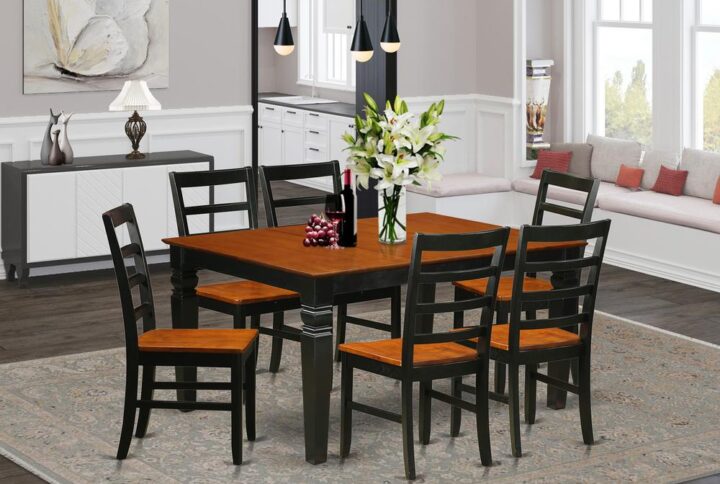 Harmonizing Black And Cherry Color Wood Table And Chairs Set With Basic Beveled Edge On Trim. Standard Rectangular Dining Room Table Having Four Legs. Recessed Details On Dining Tables And Kitchen Dining Chair Legs For Extra Support And Elegance. Beveled Chiseling On Legs Of Matching Table And Chairs.  Small Table With 18 In Self Storage Expansion Leaf In Dining-Room Center Suited To Casual Or Formal Atmosphere. 7 Pc Kitchen Set With One Weston Dining Room Table And 6 Wood Dining Room Chairs Finished In A Luxurious Black and Cherry Color.