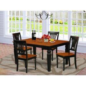 Harmonizing Black And Cherry Color Solid Wood Dinette Set With Basic Beveled Edge On Trim. Vintage Rectangle Dining Table With Four Legs. Recessed Details On Small Kitchen Table And Kitchen Dining Chair Legs For Added Support And Elegance. Beveled Chiseling On Legs Of Matching Table And Chairs.  Dining Table Featuring 18 In Self Storage Extendable Leaf In Dining Area Center Well Suited For Casual Or Formal Atmosphere. 5 Piece Dinette Set With One Weston Dining Room Table And 4 Solid Wood Seat Dining Area Chairs Finished In A Distinctive Black and Cherry Color.