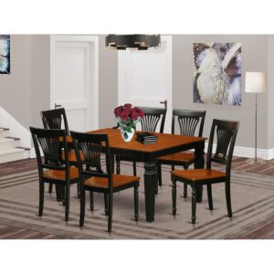 Matching Black And Cherry Finish Solid Wood Dinette Set Having Nice Beveled Table Edge On Trim. Classic Rectangle Table Having 4 Legs. Recessed Details On Table And Dining Chair Legs For Added Support And Beauty. Beveled Carving On Legs Of Coordinating Table And Chairs. Small Table With 18 In Self Storage Extension Leaf In Dining Room Center Well Suited For Casual Or Formal Atmosphere. 7 Pc Dining Room Set With One Weston Dining Room Table And Six Wood Kitchen Area Chairs Finished In An Elegant  Black and Cherry Color.