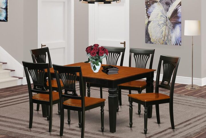 Matching Black And Cherry Finish Solid Wood Dinette Set Having Nice Beveled Table Edge On Trim. Classic Rectangle Table Having 4 Legs. Recessed Details On Table And Dining Chair Legs For Added Support And Beauty. Beveled Carving On Legs Of Coordinating Table And Chairs. Small Table With 18 In Self Storage Extension Leaf In Dining Room Center Well Suited For Casual Or Formal Atmosphere. 7 Pc Dining Room Set With One Weston Dining Room Table And Six Wood Kitchen Area Chairs Finished In An Elegant  Black and Cherry Color.