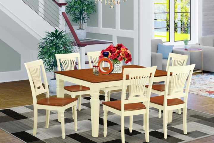 Coordinating Buttermilk And Cherry Color Wood Dinette Set With Nice Beveled Table Edge On Trim. Traditional Rectangular Dinette Table Having 4 Legs. Recessed Details On Dinette Table And Kitchen Dining Chair Legs For Added Support And Beauty. Beveled Chiseling On Legs Of Harmonizing Table And Chair. Dining Room Table Featuring 18 In Self Storage Expansion Leaf In Dining-Room Centre Best For Casual Or Formal Atmosphere.  7 Pc Kitchen Set With A Single Weston Dining Room Table And 6 Solid Wood Set Kitchen Area Chairs Finished In A Distinctive Two Tone Buttermilk And Cherry Color.