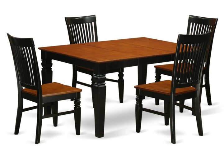 Coordinating Black and Cherry Color wood dining room set with nice beveled table edge on trim. Regular rectangle-shaped dining table having four legs. Recessed details on dining tables and dining room chair legs for added support and attractiveness. Beveled carving on legs of harmonizing table and chairs. Characteristically curved high back kitchen dining chair set with four legs